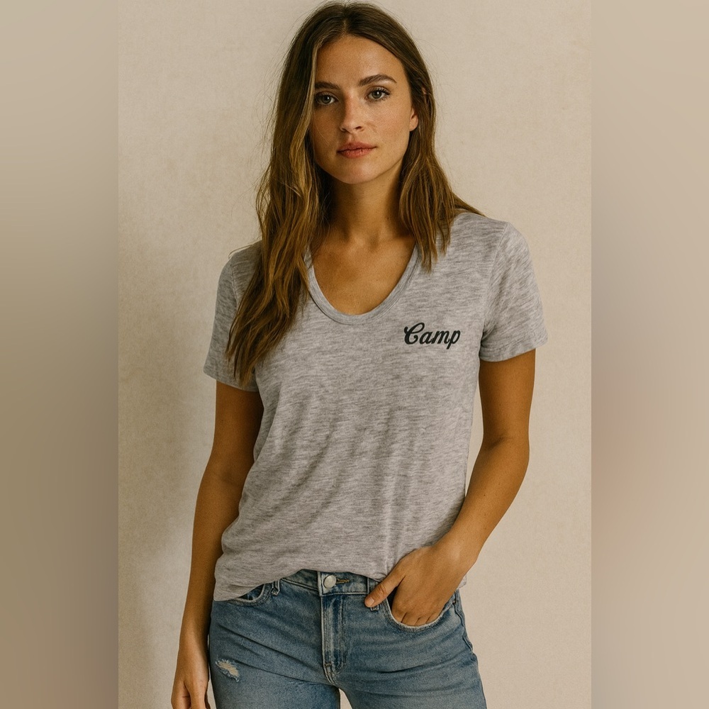 Camp Gray Heather T-Shirt V Neck Scoop Burn Out – Size Small (PTP 18–19”)​